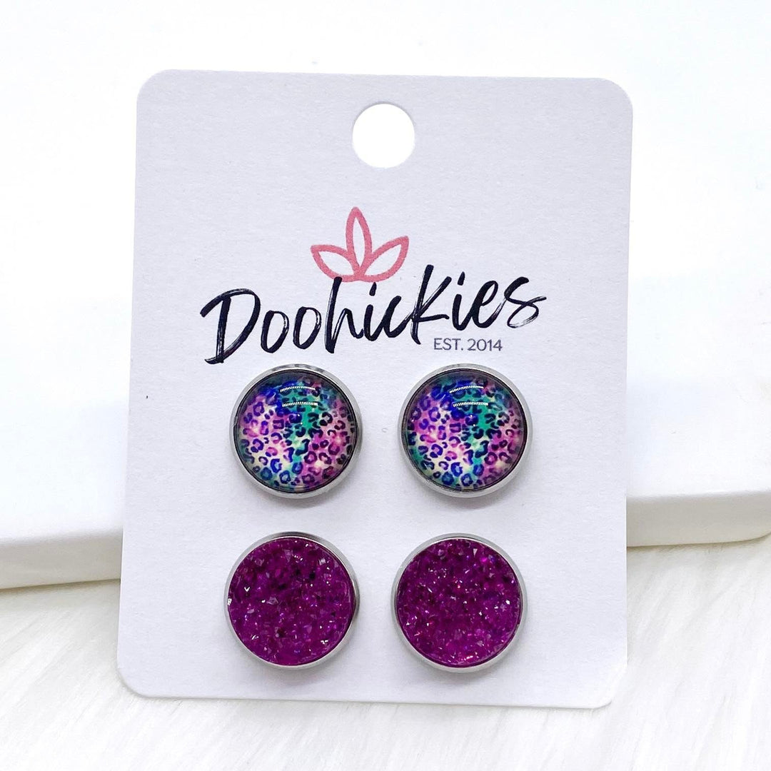 12mm Bright Leopard & Magenta Sparkles in Stainless Steel Settings -Summer Earrings-Earrings-Inspired by Justeen-Women's Clothing Boutique