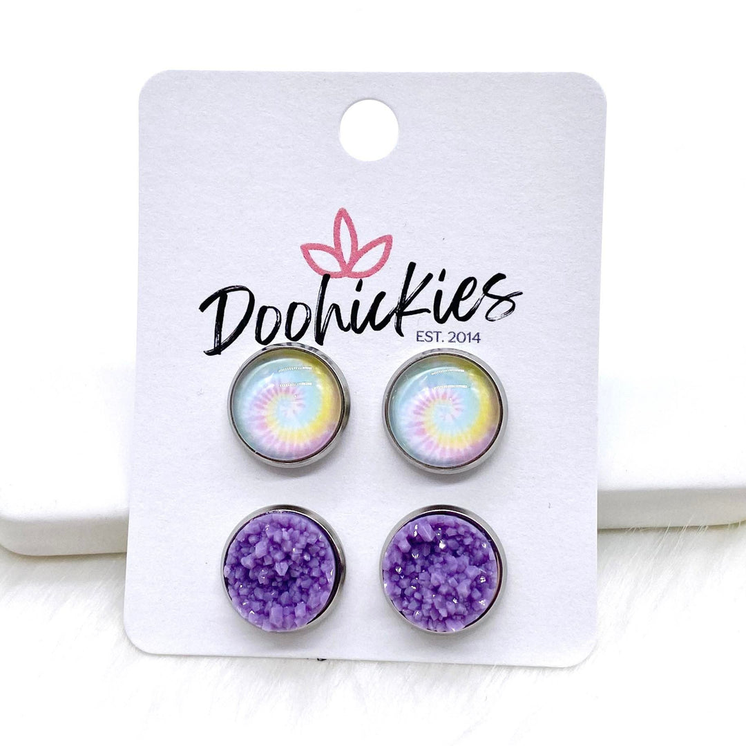 12mm Pastel Tie Dye & Purple Crystals in Stainless Steel Settings -Earrings-Earrings-Inspired by Justeen-Women's Clothing Boutique