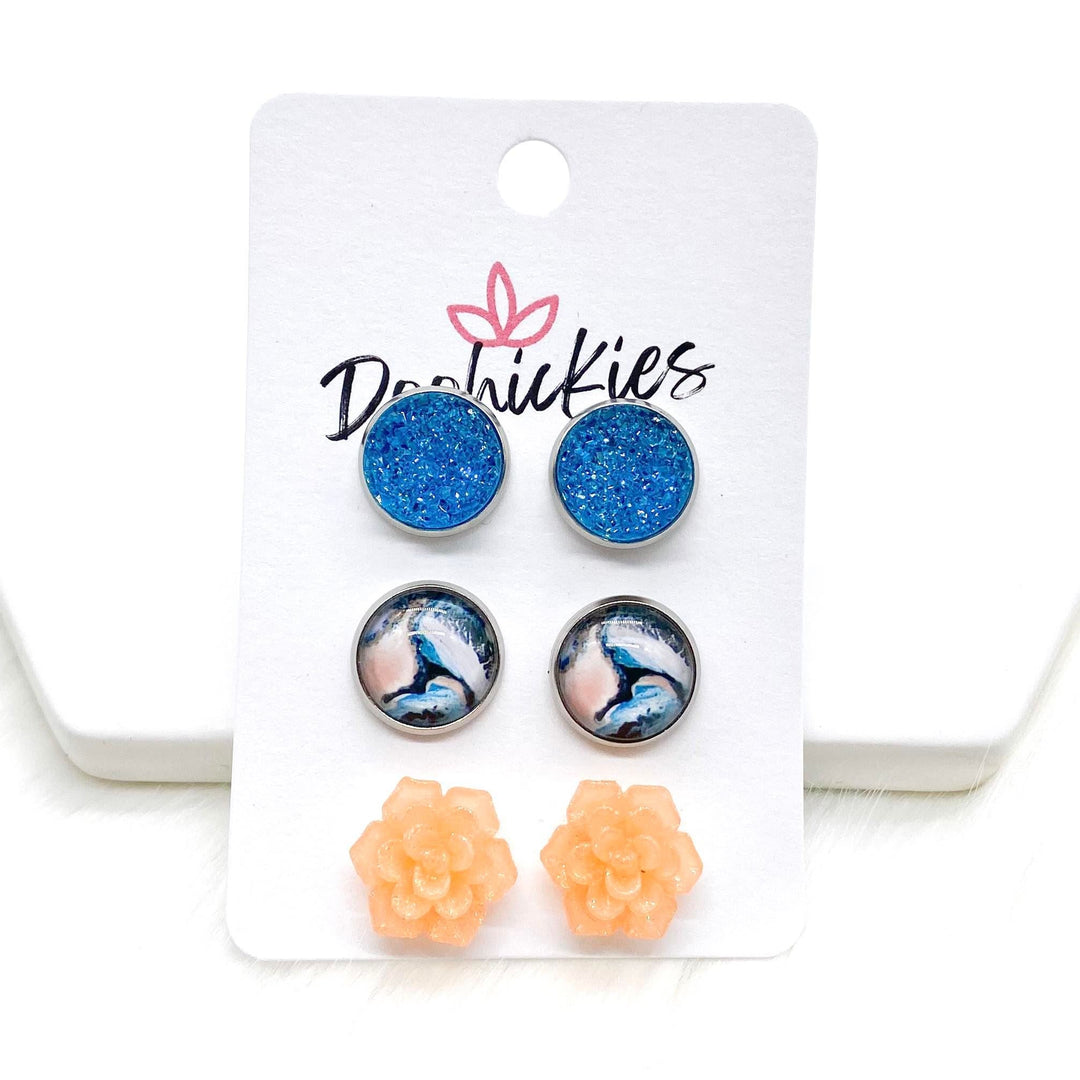 12mm Teal Blue Sparkles/Geo Swirl/Sparkly Peach Succulents in Stainless Steel Settings -Earrings-Earrings-Inspired by Justeen-Women's Clothing Boutique