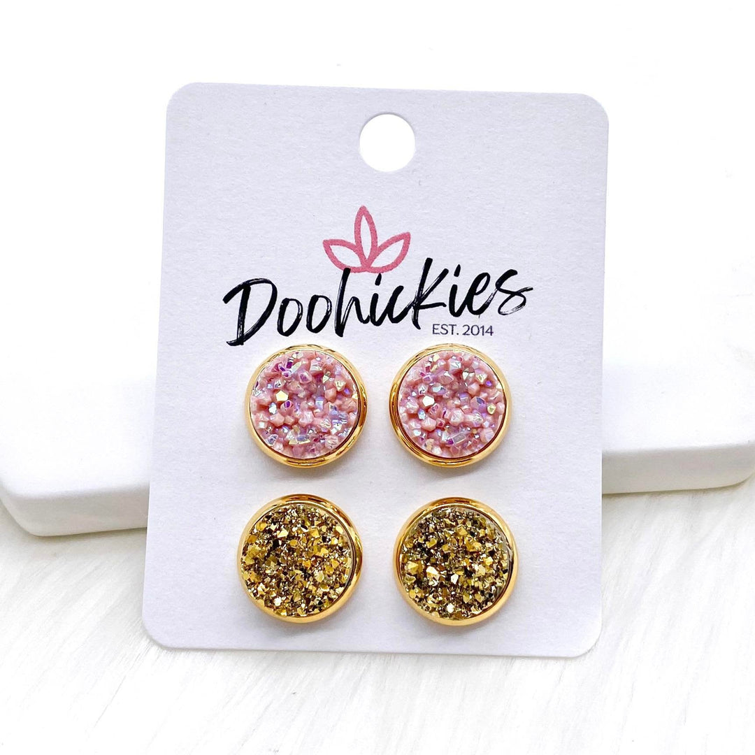 12mm Blush & Gold in Gold Settings -Earrings-Earrings-Inspired by Justeen-Women's Clothing Boutique