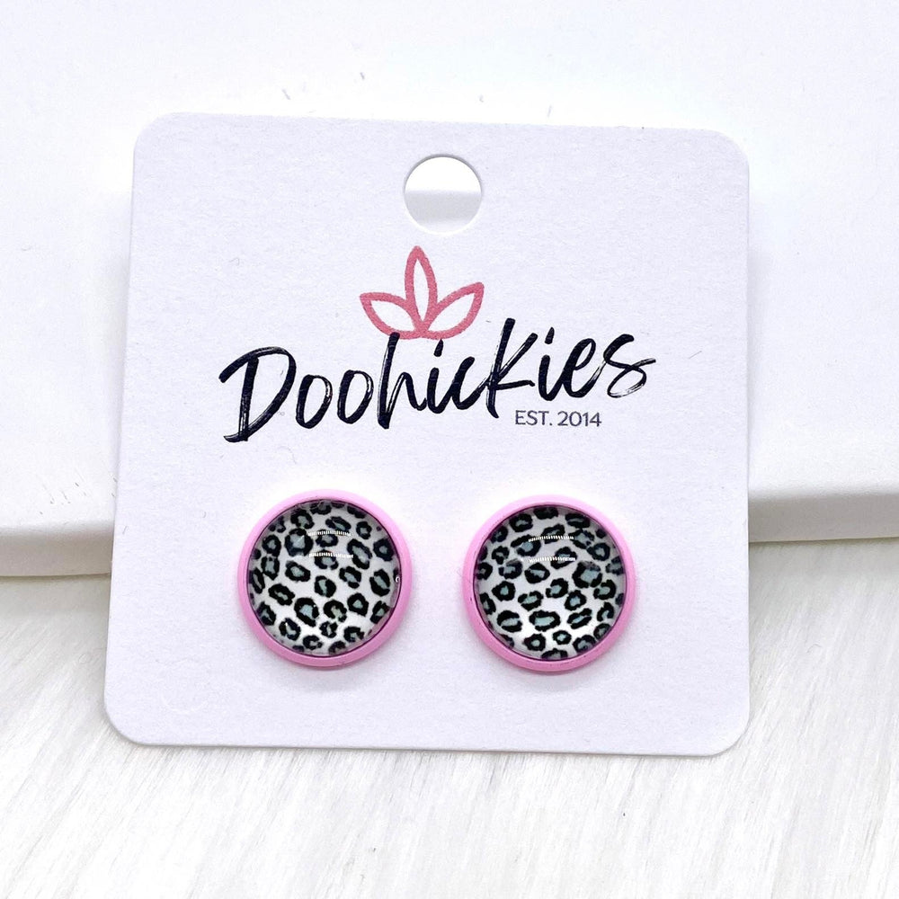 12mm Leopard Singles in Bright Pink Settings -Earrings-Earrings-Inspired by Justeen-Women's Clothing Boutique