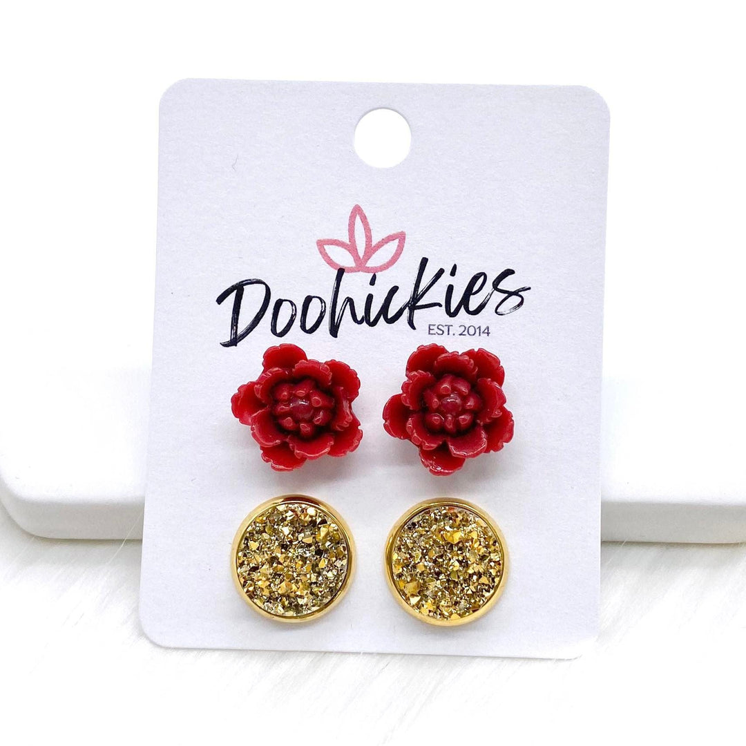 12mm Red Flowers & Gold in Gold Settings -Earrings-Earrings-Inspired by Justeen-Women's Clothing Boutique