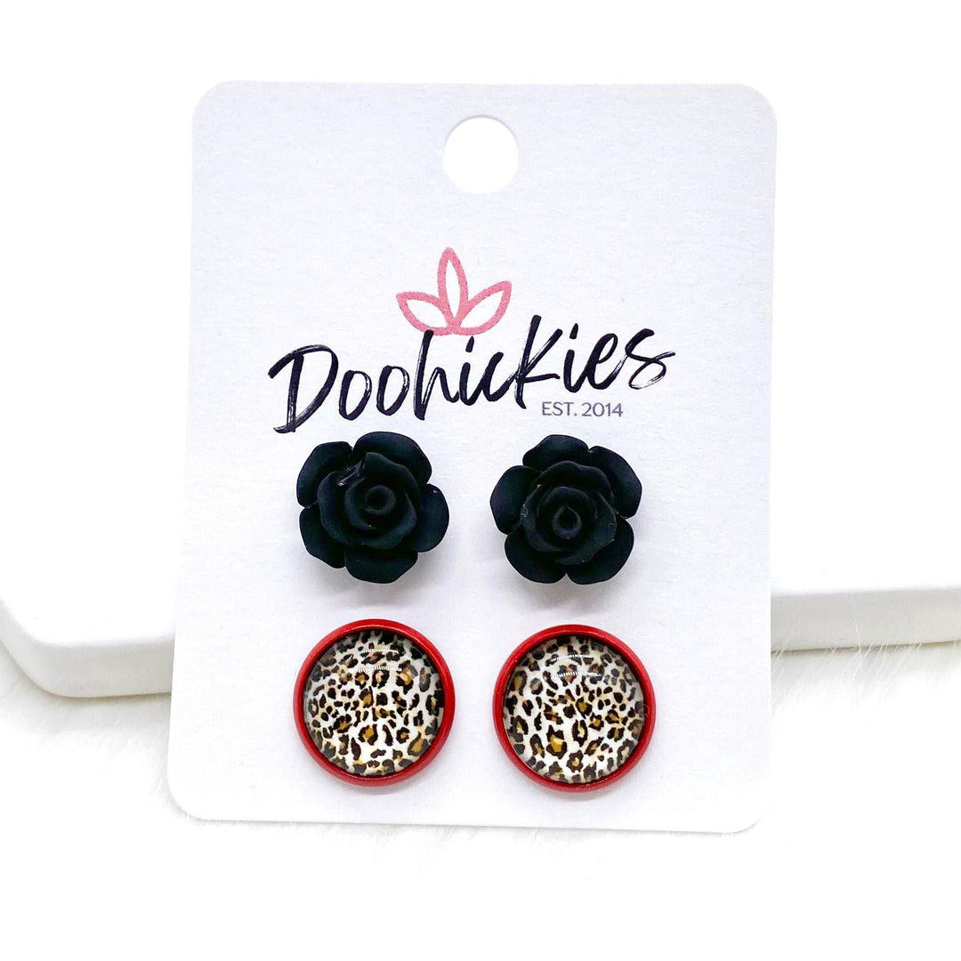 12mm Black Roses & Tan Leopard in Red Settings -Earrings-Earrings-Inspired by Justeen-Women's Clothing Boutique