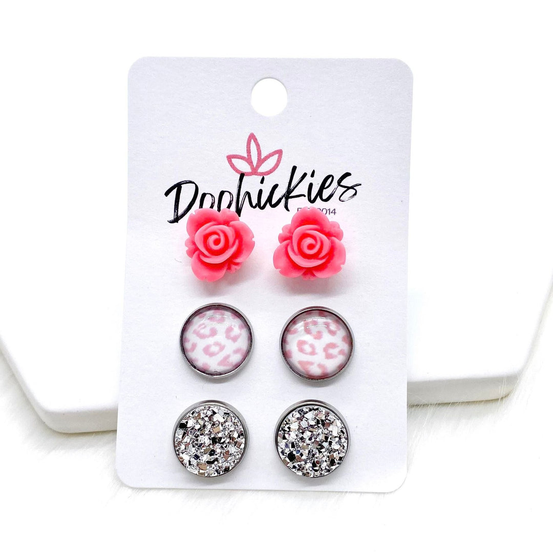 12mm Hot Pink Roses/Pastel Pink Leopard/Silver in Stainless Steel Settings -Earrings-Inspired by Justeen-Women's Clothing Boutique