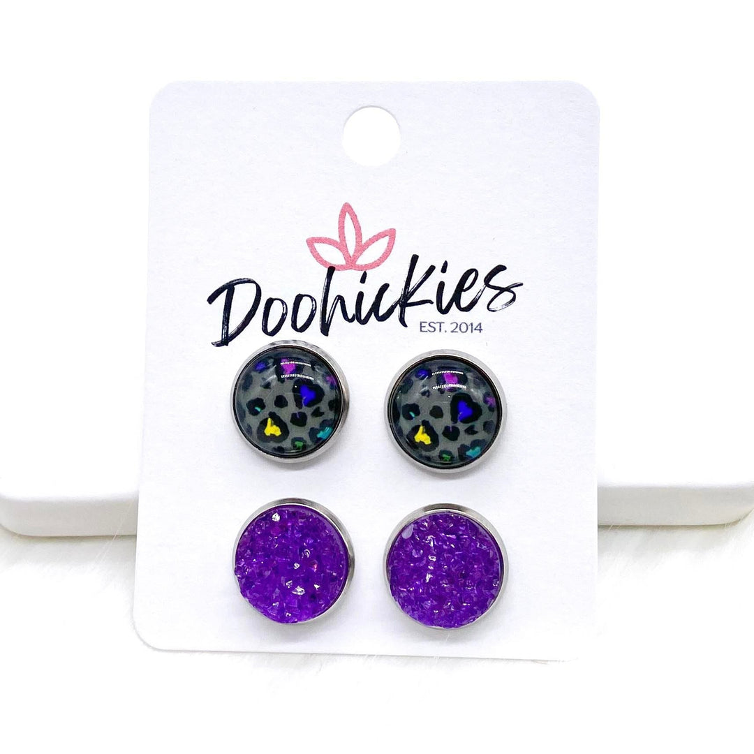 12mm Rainbow Leopard Hearts & Purple Sparkles in Stainless Steel Settings -Earrings-Earrings-Inspired by Justeen-Women's Clothing Boutique