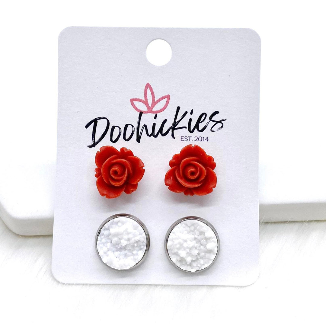 12mm Red Blooming Roses & White in Stainless Steel Settings -Earrings-Earrings-Inspired by Justeen-Women's Clothing Boutique