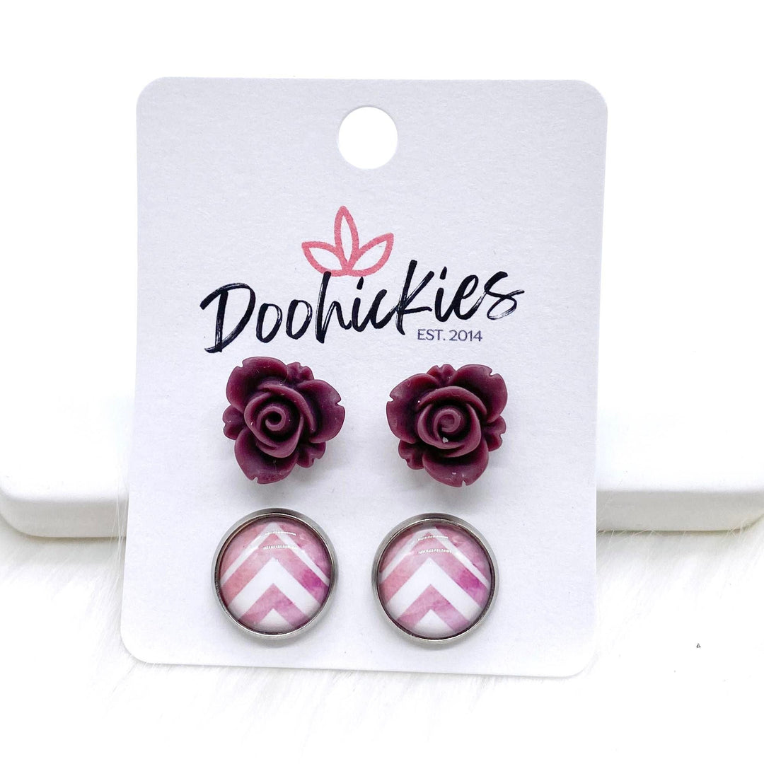 12mm Burgundy Blooming Roses & Blush Chevron in Stainless Steel Settings -Earrings-Earrings-Inspired by Justeen-Women's Clothing Boutique