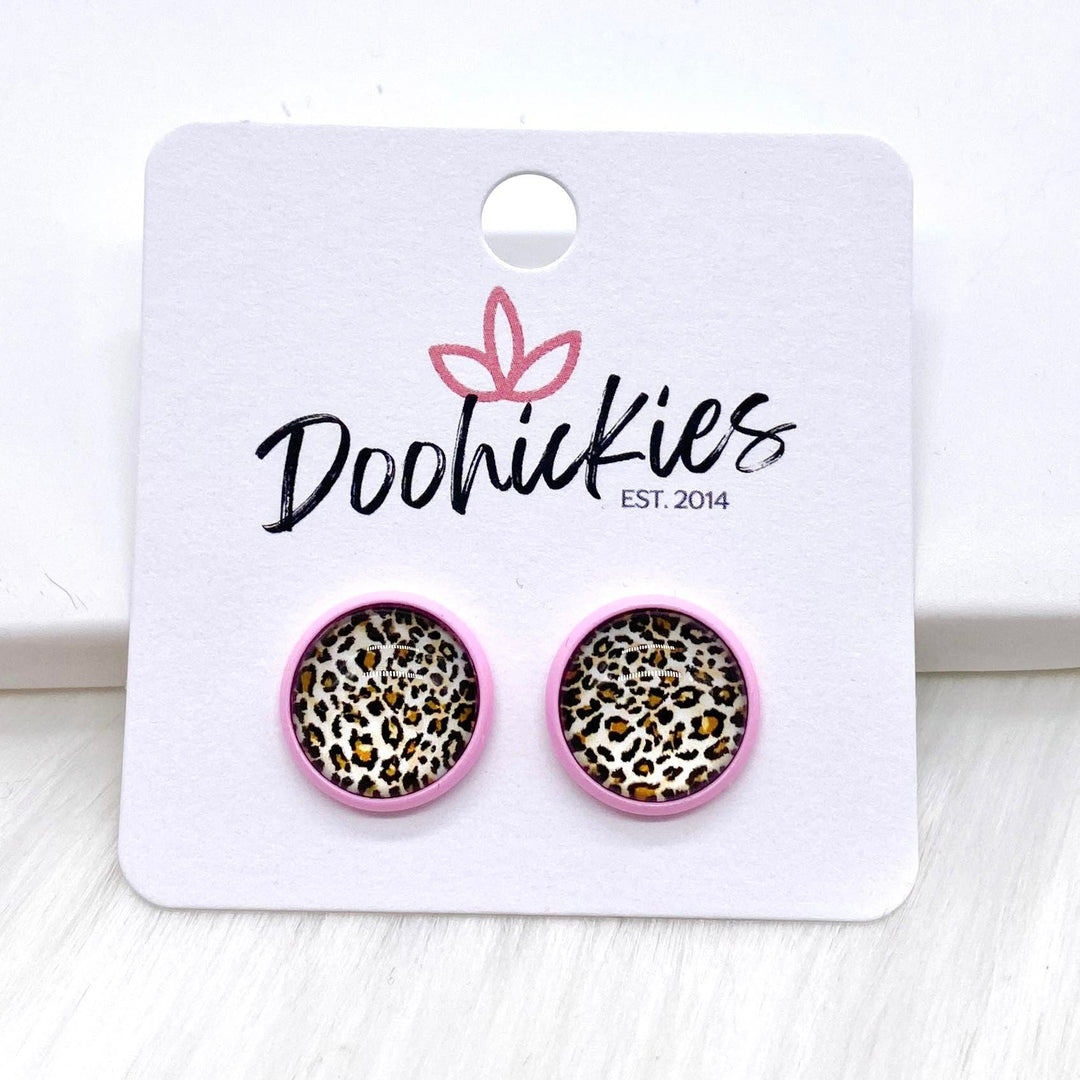 12mm Leopard Singles in Bright Pink Settings -Earrings-Earrings-Inspired by Justeen-Women's Clothing Boutique