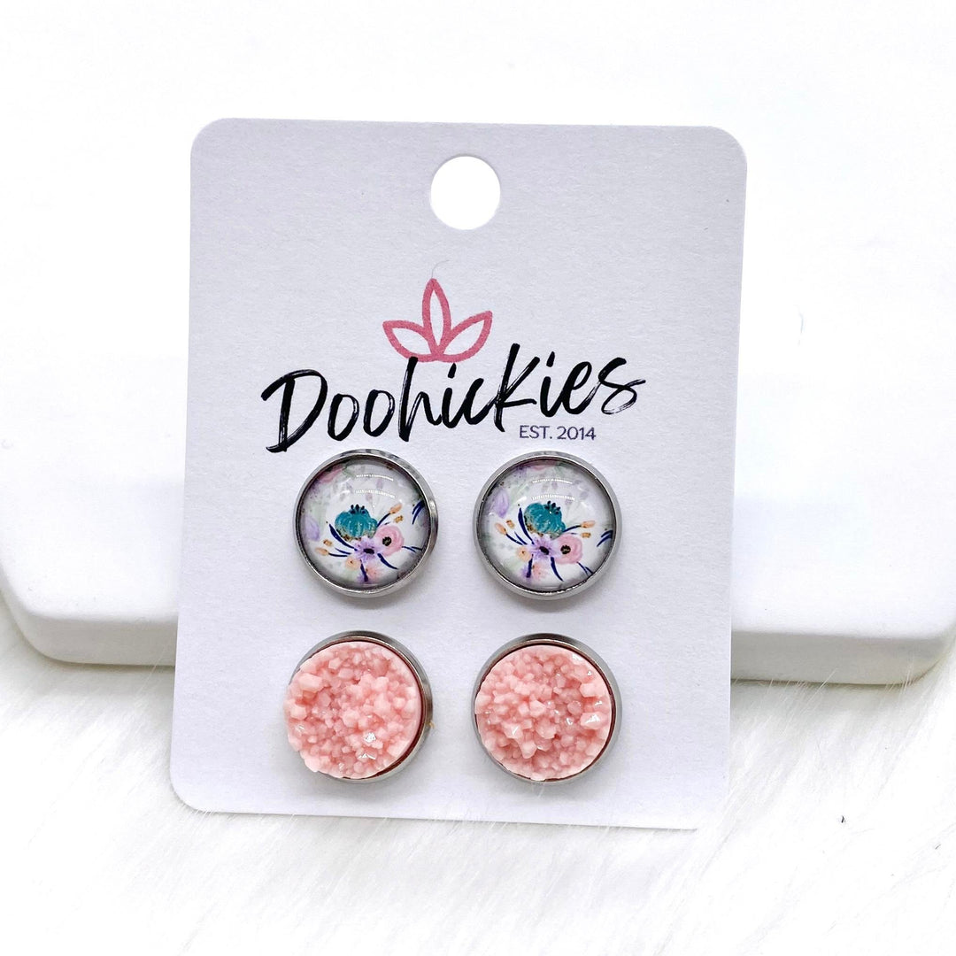 12mm Pink/Mint Floral & Pink Crystals in Stainless Steel Settings -Earrings-Inspired by Justeen-Women's Clothing Boutique