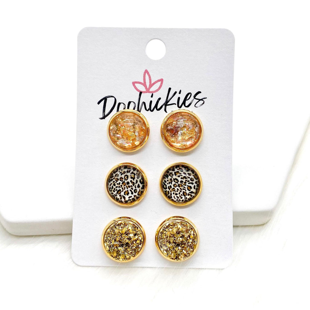 12mm Silver & Gold Fleck/Tan Leopard/Gold in Gold Settings -Earrings-Earrings-Inspired by Justeen-Women's Clothing Boutique