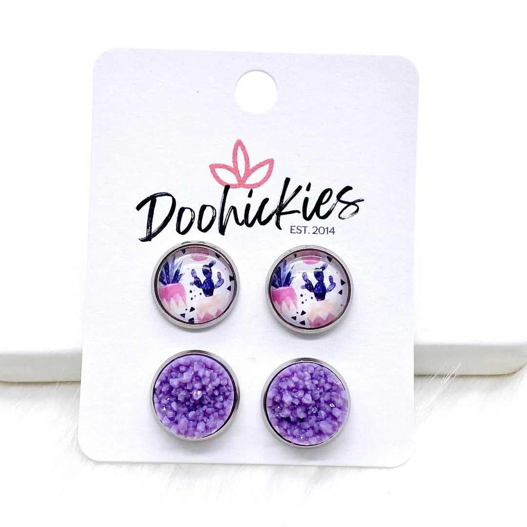 12mm Pastel Cactus & Purple Shimmer in Stainless Steel Settings -Earrings-Earrings-Inspired by Justeen-Women's Clothing Boutique