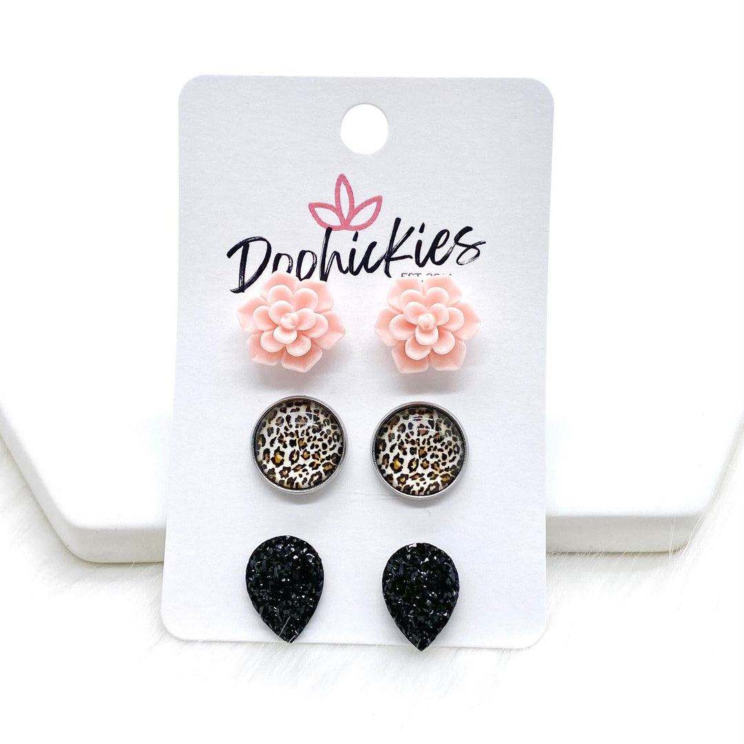 12mm Pink Succulents/Tan Leopard/Black Teardrops in Stainless Steel Settings -Earrings-Earrings-Inspired by Justeen-Women's Clothing Boutique