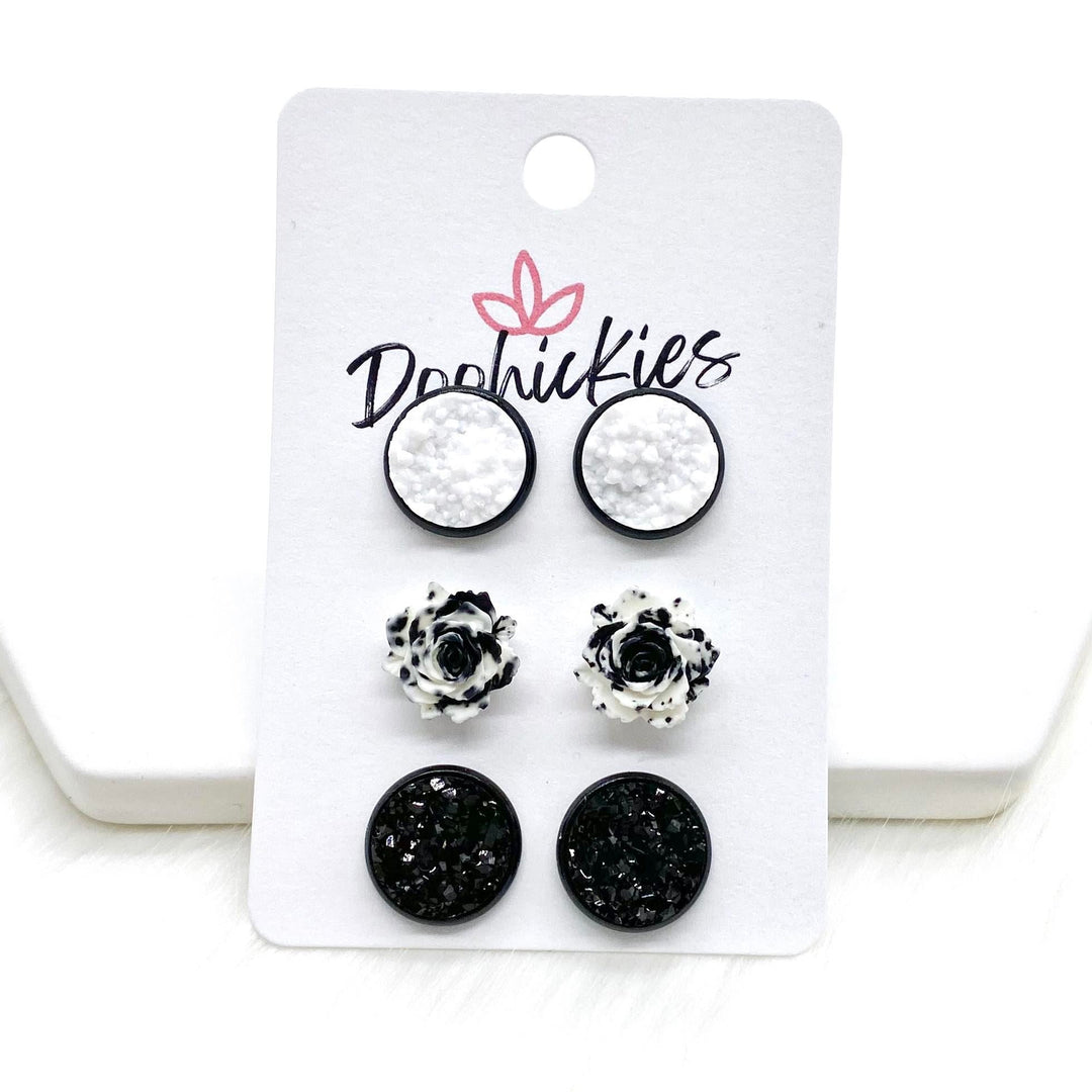 12mm White/Black & White Roses/Black in Black Settings -Earrings-Earrings-Inspired by Justeen-Women's Clothing Boutique