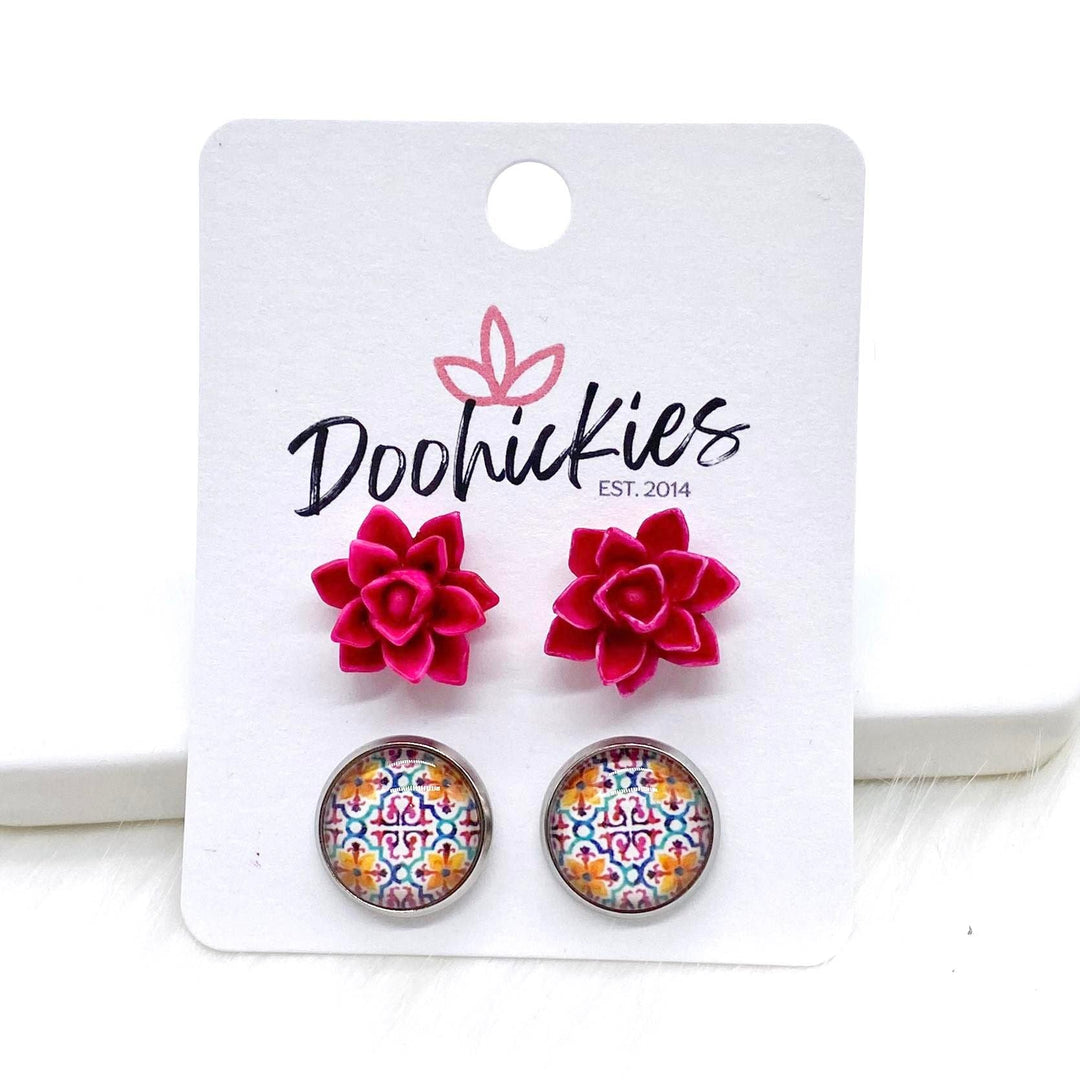 12mm Hot Pink Succulents & Abstract Scrolls in Stainless Steel Settings -Earrings-Earrings-Inspired by Justeen-Women's Clothing Boutique