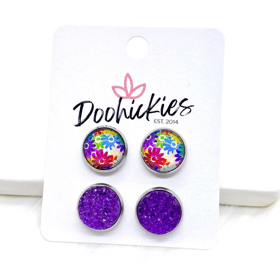 12mm Bright Flowers & Purple Sparkles in Stainless Steel Settings -Summer Earrings-Earrings-Inspired by Justeen-Women's Clothing Boutique