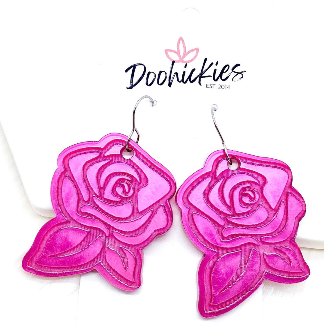 1.5" Fuchsia Engraved Rose Acrylics -Earrings-Inspired by Justeen-Women's Clothing Boutique