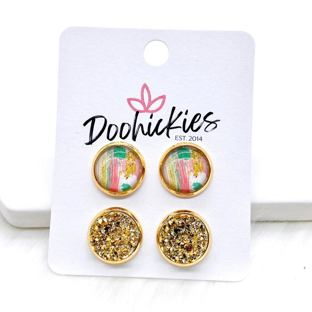 12mm Paint Splatter & Gold in Gold Settings -Earrings-Earrings-Inspired by Justeen-Women's Clothing Boutique