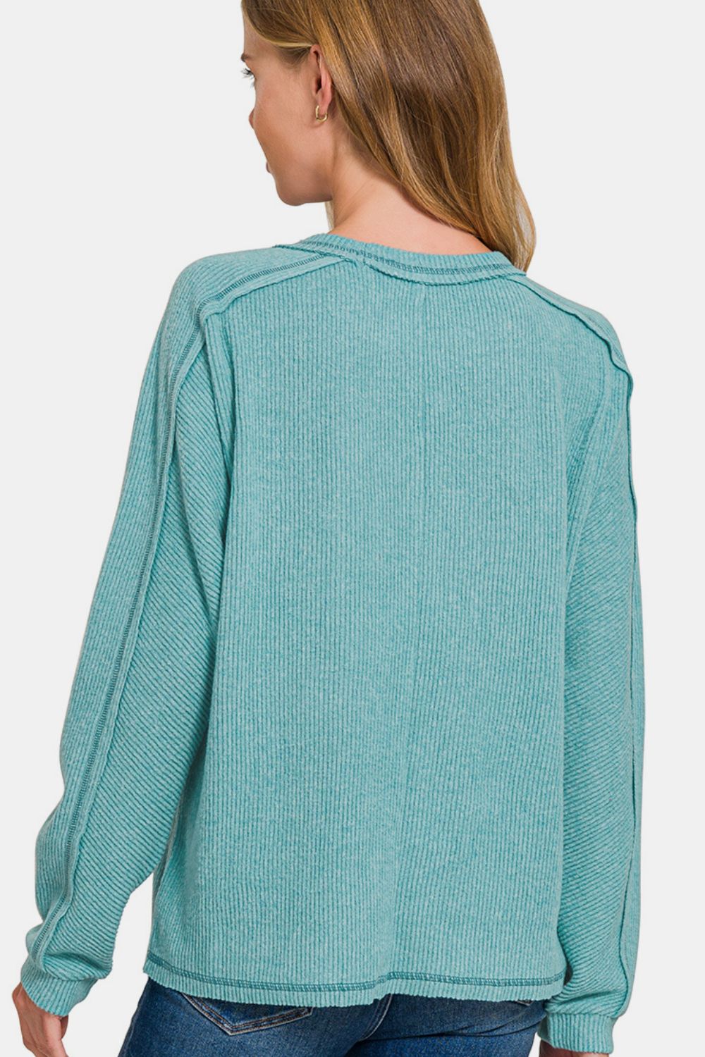 Zenana Full Size Contrast Stitching Brushed Ribbed Hacci Knit Top Plu Size-110 Long Sleeve Tops-Inspired by Justeen-Women's Clothing Boutique