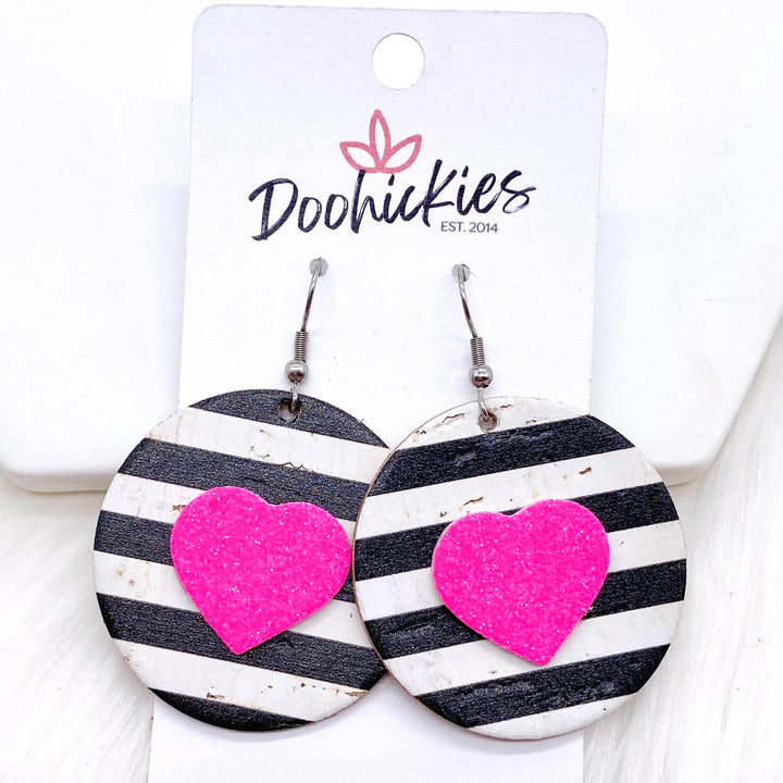 2" Valentine 3-D Glitter Hearts & Striped Circles -Earrings-Earrings-Inspired by Justeen-Women's Clothing Boutique