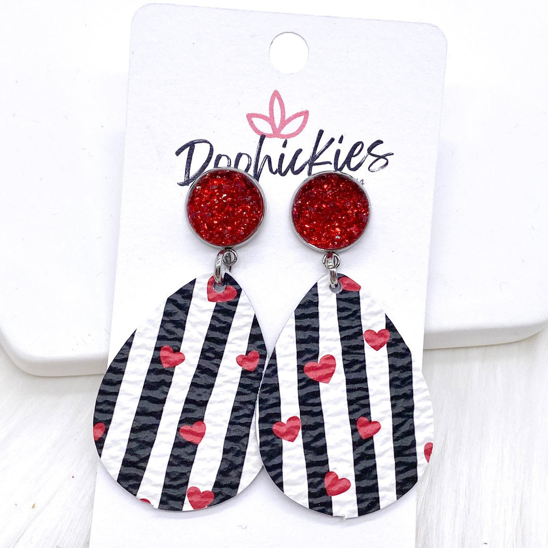 2" Red Sparkles & Striped Red Hearts Dangles -Earrings-Earrings-Inspired by Justeen-Women's Clothing Boutique