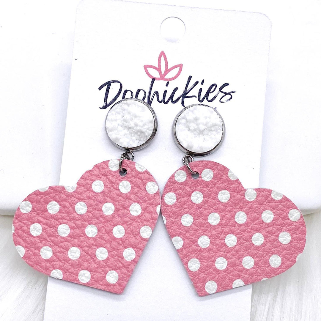 2" White & Pink Polka Dot Heart Valentine Dangles -Earrings-Earrings-Inspired by Justeen-Women's Clothing Boutique