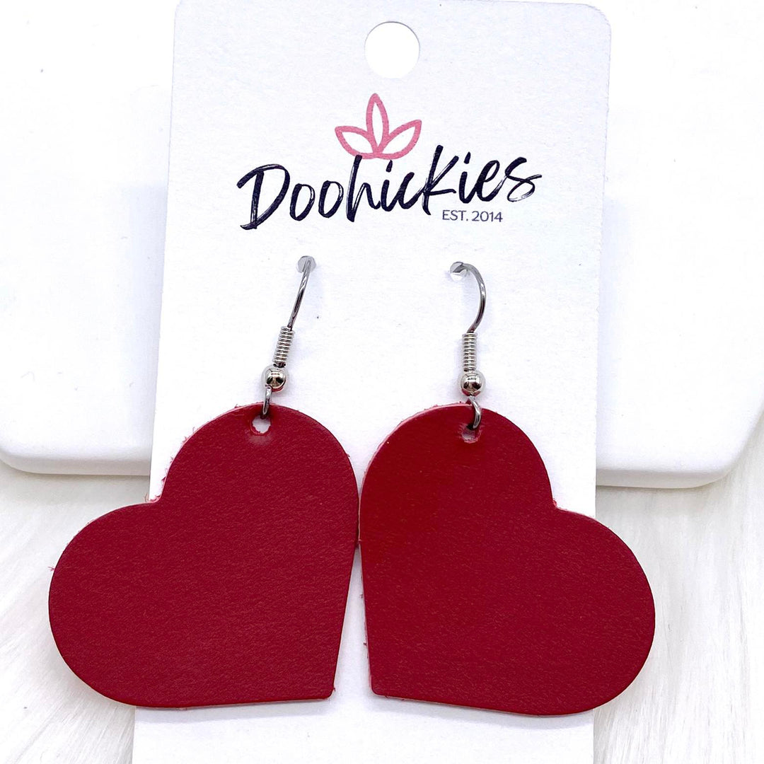 1.25” Deep Red Hearts (Thick Leather) -Earrings-Inspired by Justeen-Women's Clothing Boutique