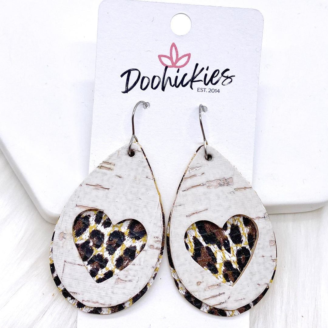 2" White & Chocolate Leopard Heart Layered Teardrops -Earrings-Inspired by Justeen-Women's Clothing Boutique