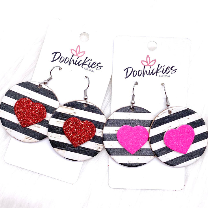 2" Valentine 3-D Glitter Hearts & Striped Circles -Earrings-Earrings-Inspired by Justeen-Women's Clothing Boutique