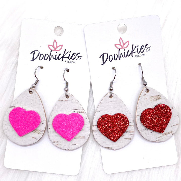 1.5" Valentine 3-D Glitter Hearts & White Linen Teardrops -Earrings-Earrings-Inspired by Justeen-Women's Clothing Boutique