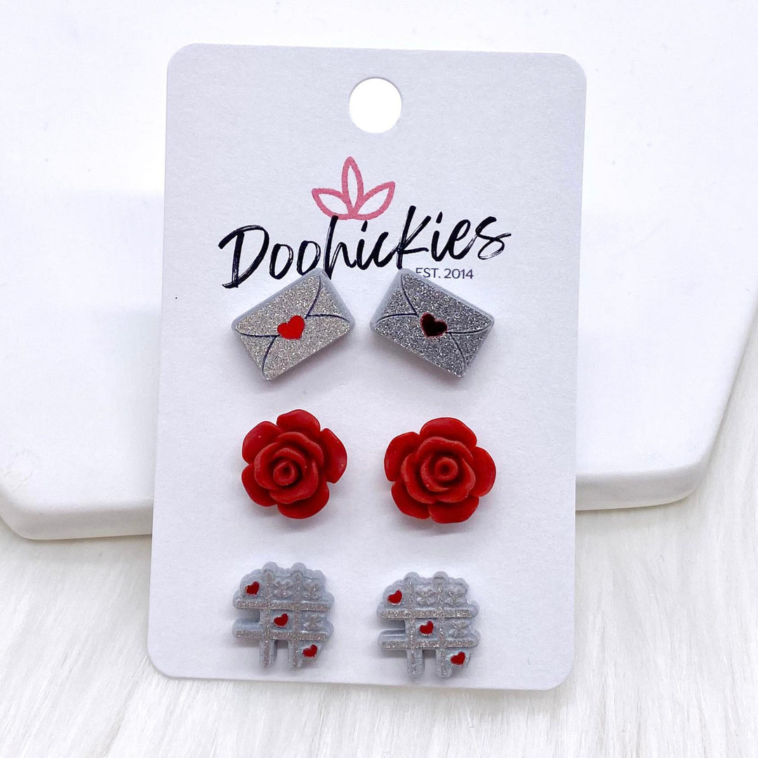 12mm Sealed with a Kiss/Red Valentine Roses/TicTacToe -Earrings-Earrings-Inspired by Justeen-Women's Clothing Boutique