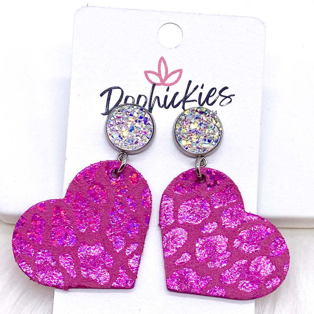 2" Crystal & Metallic Valentine's Leopard Heart Dangles (2 Colors) -Earrings-Inspired by Justeen-Women's Clothing Boutique