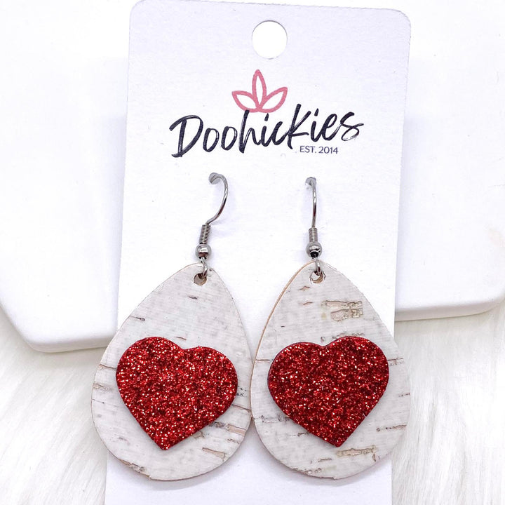 1.5" Valentine 3-D Glitter Hearts & White Linen Teardrops -Earrings-Earrings-Inspired by Justeen-Women's Clothing Boutique