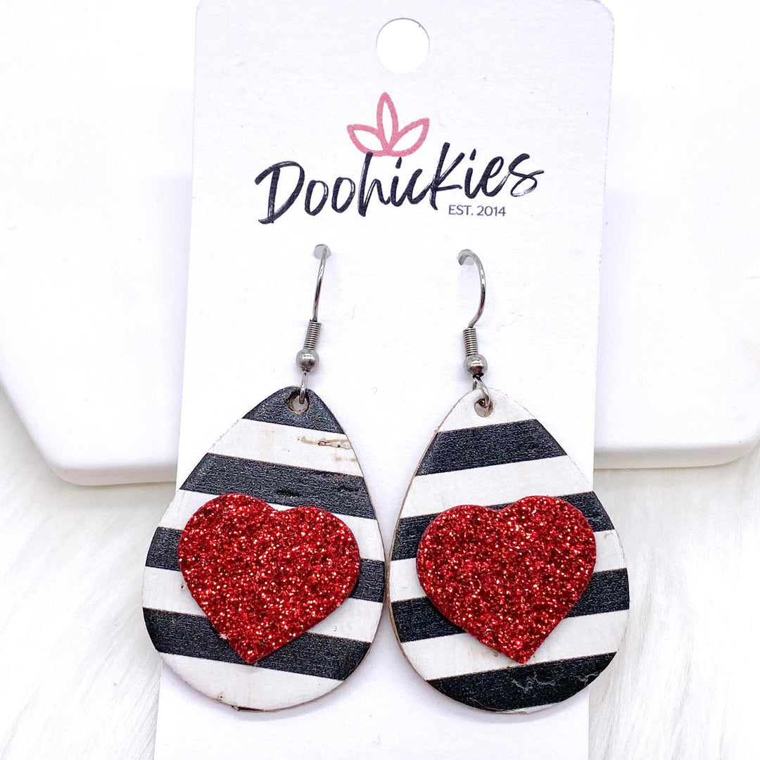 1.5" Valentine 3-D Glitter Hearts & Striped Teardrop Corkies -Earrings-Earrings-Inspired by Justeen-Women's Clothing Boutique