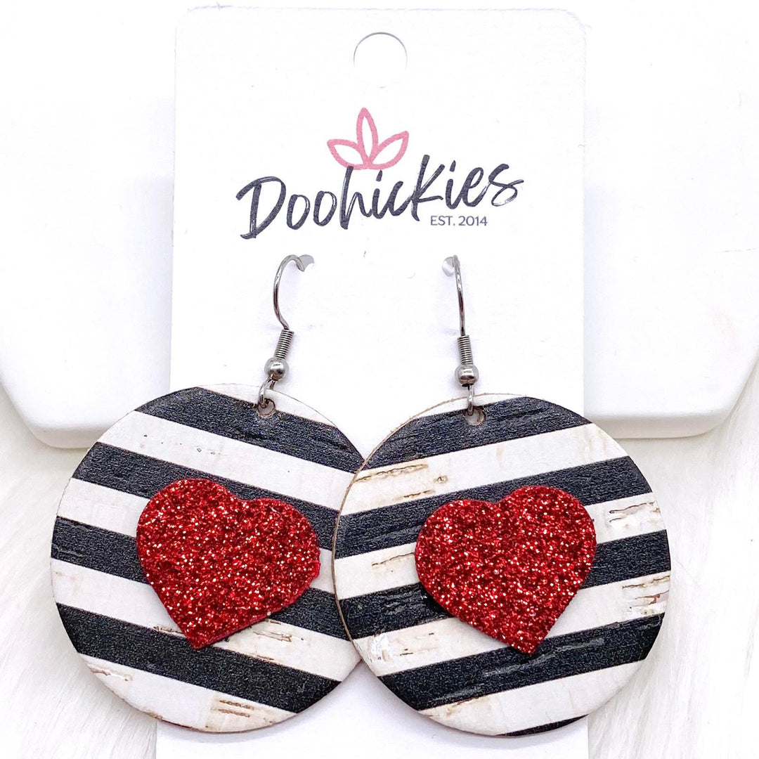 2" Valentine 3-D Glitter Hearts & Striped Circles -Earrings-Earrings-Inspired by Justeen-Women's Clothing Boutique