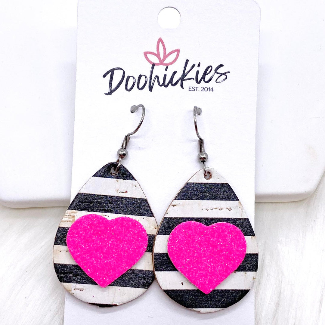 1.5" Valentine 3-D Glitter Hearts & Striped Teardrop Corkies -Earrings-Earrings-Inspired by Justeen-Women's Clothing Boutique