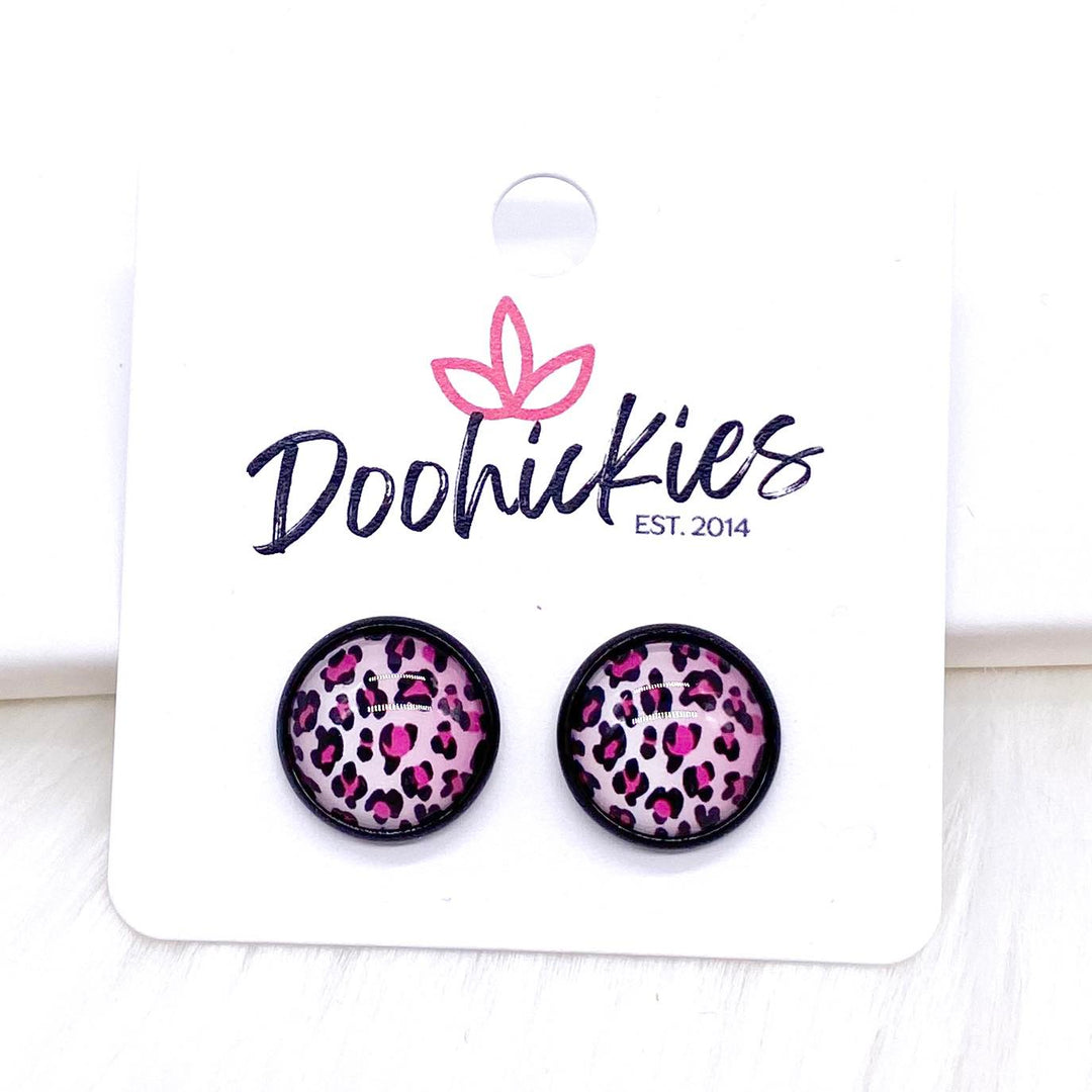 12mm Pink Ombre Leopard in Black Settings -Earrings-Earrings-Inspired by Justeen-Women's Clothing Boutique