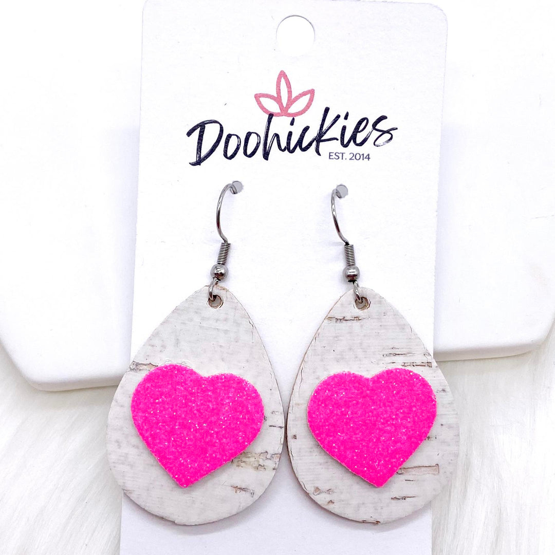 1.5" Valentine 3-D Glitter Hearts & White Linen Teardrops -Earrings-Earrings-Inspired by Justeen-Women's Clothing Boutique