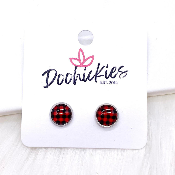 Red Buffalo Small Plaid in Stainless Steel Settings -Earrings-Earrings-Inspired by Justeen-Women's Clothing Boutique