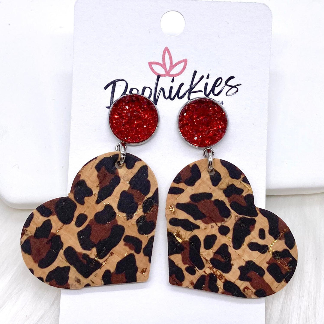 2" Red Sparkles & Metallic Leopard Heart Dangle Corkies -Earrings-Inspired by Justeen-Women's Clothing Boutique