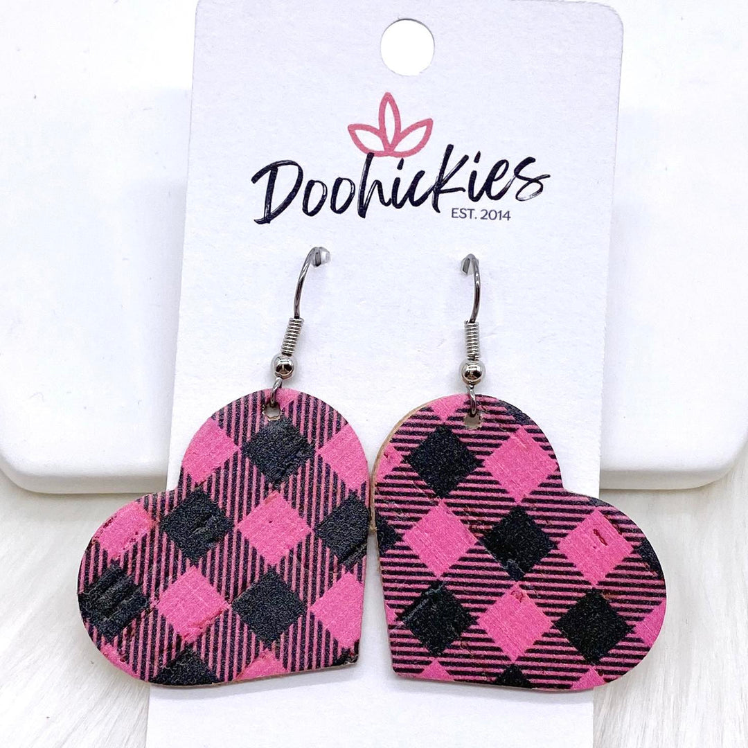 1.25” Hot Pink Buffalo Plaid Hearts (Corkies) -Earrings-Earrings-Inspired by Justeen-Women's Clothing Boutique