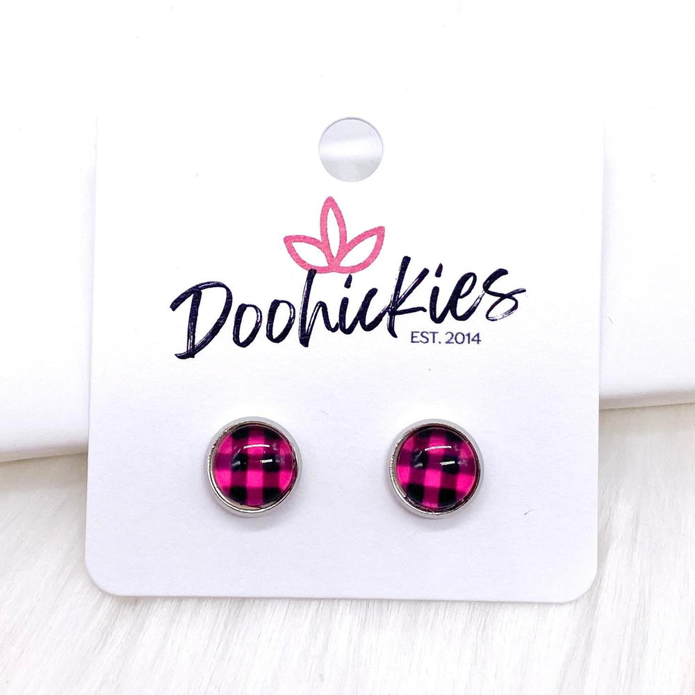 8mm Buffalo Plaid in Stainless Steel Settings -Earrings-Earrings-Inspired by Justeen-Women's Clothing Boutique