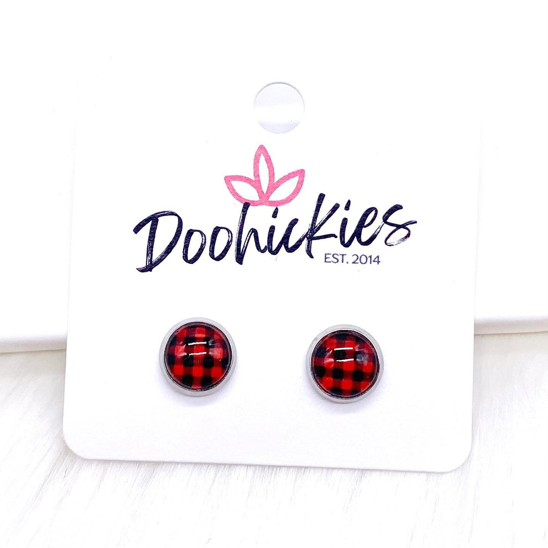 8mm Buffalo Plaid in Stainless Steel Settings -Earrings-Earrings-Inspired by Justeen-Women's Clothing Boutique