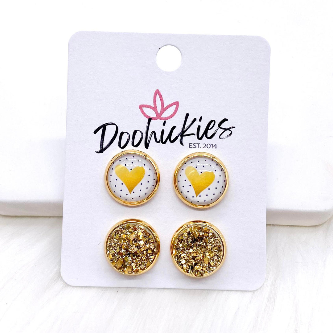 12mm Gold Valentine Hearts & Gold in Gold Settings -Earrings-Earrings-Inspired by Justeen-Women's Clothing Boutique