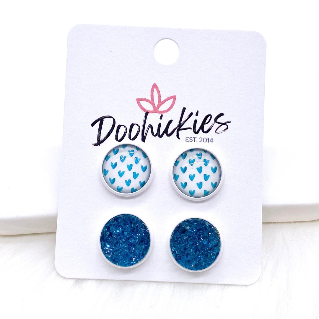 12mm Teal Valentine Hearts on White & Teal Sparkles in White Settings -Earrings-Earrings-Inspired by Justeen-Women's Clothing Boutique