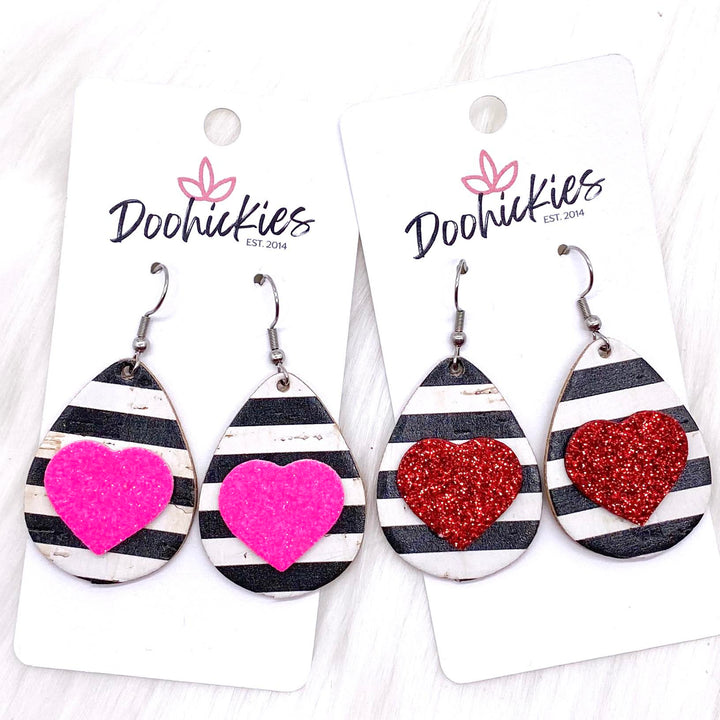 1.5" Valentine 3-D Glitter Hearts & Striped Teardrop Corkies -Earrings-Earrings-Inspired by Justeen-Women's Clothing Boutique