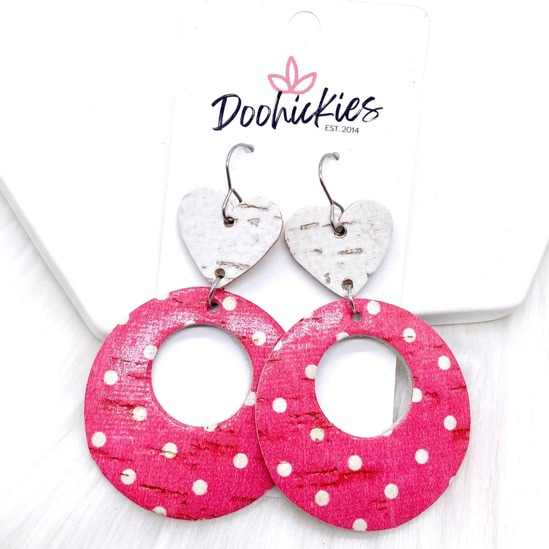 2.5" White Hearts & Hot Pink Polka Dot Valentine Double O Corkies -Earrings-Earrings-Inspired by Justeen-Women's Clothing Boutique