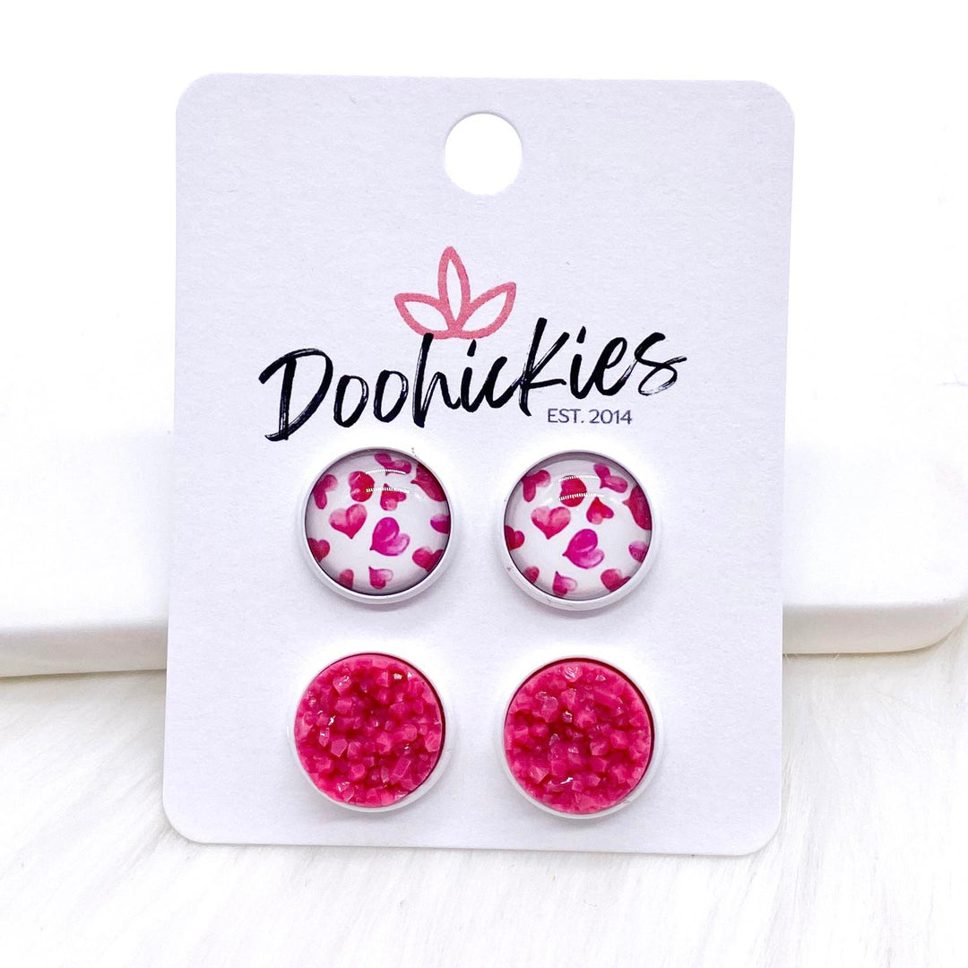 12mm Hot Pink Hearts & Dark Pink Crystals in White Settings -Earrings-Earrings-Inspired by Justeen-Women's Clothing Boutique