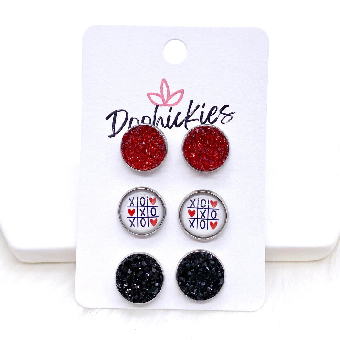 12mm Red Sparkles/XOXO/Black in Stainless Steel Settings -Earrings-Earrings-Inspired by Justeen-Women's Clothing Boutique