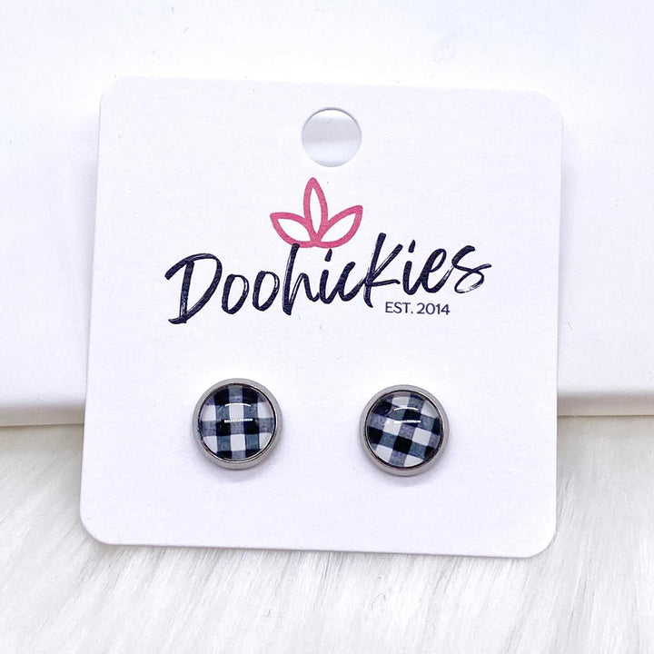 White Buffalo Plaid in Stainless Steel Settings -Earrings-Earrings-Inspired by Justeen-Women's Clothing Boutique