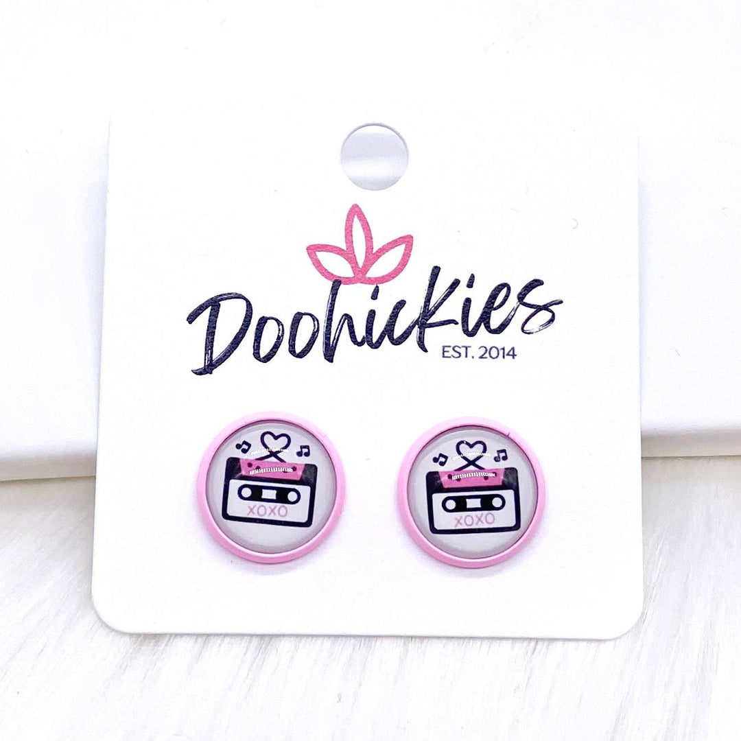 12mm Love Songs in Bright Pink Settings -Earrings-Earrings-Inspired by Justeen-Women's Clothing Boutique